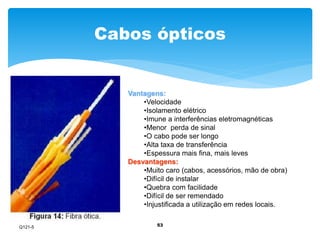 Cabos ópticos 
Vantagens: 
•Velocidade 
•Isolamento elétrico 
•Imune a interferências eletromagnéticas 
•Menor perda de sinal 
•O cabo pode ser longo 
•Alta taxa de transferência 
•Espessura mais fina, mais leves 
Desvantagens: 
•Muito caro (cabos, acessórios, mão de obra) 
•Difícil de instalar 
•Quebra com facilidade 
•Difícil de ser remendado 
•Injustificada a utilização em redes locais. 
53 
Q121-5 
 
