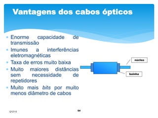Vantagens dos cabos ópticos 
 Enorme capacidade de 
transmissão 
 Imunes a interferências 
eletromagnéticas 
 Taxa de erros muito baixa 
 Muito maiores distâncias 
sem necessidade de 
repetidores 
 Muito mais bits por muito 
menos diâmetro de cabos 
54 
núcleo 
bainha 
Q121-5 
 
