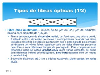 Tipos de fibras ópticas (1/2) 
 Fibra ótica multimodo – núcleo de 50 m ou 62,5 m de diâmetro; 
bainha com diâmetro de 125 m. 
 Tem a desvantagem da dispersão modal, um fenómeno que ocorre devido 
à relação entre a dimensão do núcleo e o comprimento de onda dos sinais 
injetados neste tipo de fibras e que faz com que o sinal injetado pelo emissor 
se disperse por vários feixes seguindo cada um deles diferentes percursos 
pela fibra e com diferentes tempos de propagação. Para compensar esse 
fenómeno usam-se cabos graded-index (com várias camadas de silício 
com diferentes índices de refracção) ou step-index (apenas com um núcleo 
e uma bainha). 
 Suportam distâncias até 3 km e débitos razoáveis. Muito usadas em redes 
55 
locais. 
Q121-5 
 