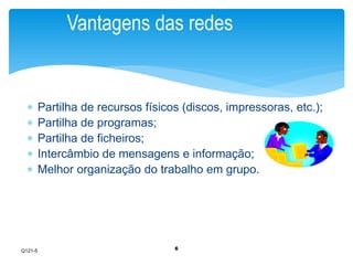 Vantagens das redes 
 Partilha de recursos físicos (discos, impressoras, etc.); 
 Partilha de programas; 
 Partilha de ficheiros; 
 Intercâmbio de mensagens e informação; 
 Melhor organização do trabalho em grupo. 
6 
Q121-5 
 