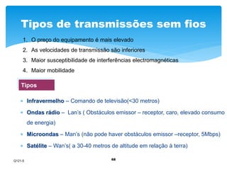 Tipos de transmissões sem fios 
1. O preço do equipamento é mais elevado 
2. As velocidades de transmissão são inferiores 
3. Maior susceptibilidade de interferências electromagnéticas 
4. Maior mobilidade 
Tipos 
 Infravermelho – Comando de televisão(<30 metros) 
 Ondas rádio – Lan’s ( Obstáculos emissor – receptor, caro, elevado consumo 
68 
de energia) 
 Microondas – Man’s (não pode haver obstáculos emissor –receptor, 5Mbps) 
 Satélite – Wan’s( a 30-40 metros de altitude em relação à terra) 
Q121-5 
 
