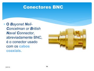 Conectores BNC 
71 
 O Bayonet Neil- 
Concelman or British 
Naval Connector, 
abreviadamente BNC, 
é o conector usado 
com os cabos 
coaxiais. 
Q121-5 
 