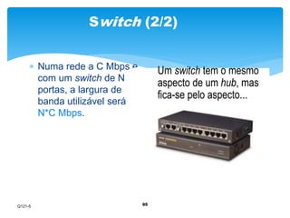 Switch (2/2) 
95 
 Numa rede a C Mbps e 
com um switch de N 
portas, a largura de 
banda utilizável será 
N*C Mbps. 
Um switch tem o mesmo 
aspecto de um hub, mas 
fica-se pelo aspecto... 
Q121-5 
 