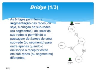 Bridge (1/3) 
 As bridges permitem a 
segmentação das redes, ou 
seja, a criação de sub-redes 
(ou segmentos), ao isolar as 
sub-redes e permitindo a 
passagem de frames de uma 
sub-rede (ou segmento) para 
outra apenas quando o 
emissor e o receptor estão 
em sub-redes (ou segmentos) 
diferentes. 
98 
emissor 
receptor 
Q121-5 
 