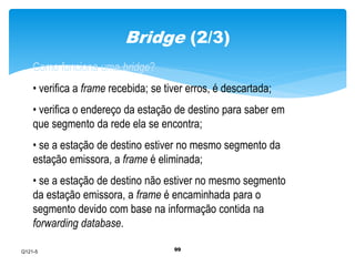 Bridge (2/3) 
Como funciona uma bridge? 
• verifica a frame recebida; se tiver erros, é descartada; 
• verifica o endereço da estação de destino para saber em 
que segmento da rede ela se encontra; 
• se a estação de destino estiver no mesmo segmento da 
estação emissora, a frame é eliminada; 
• se a estação de destino não estiver no mesmo segmento 
da estação emissora, a frame é encaminhada para o 
segmento devido com base na informação contida na 
forwarding database. 
99 
Q121-5 
 