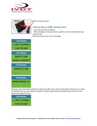 Saving data to USB memory stick
- Insert memory stick into USB port
- With LCD display showing date /time press F key and then number 9 and input
password 521.
Follow instructions shown on the LCD display.
When the system has finished uploading the data to the USB memory stick the LCD display will prompt you to erase
the SDRAM. Once you have made your selection Y or N the system will automatically bring you back to the main
screen in the supervisor menu.
LCD Display
<> KEY TO SCROLL
F KEY TO EXIT
LCD Display
SAVE TO USB
ENTER TO SELECT
LCD Display
SAVING TO USB
- - - - - - -
LCD Display
ERASE SDRAM ? N
LCD Display
<> KEY to SCROLL
F KEY TO EXIT
Integrated Visual Data Technology Inc. 3439 Whilabout Terrace, Oakville, Ontario, Canada L6L 0A7 www.skidweigh.com
USB Port Protective Cover
USB port
 