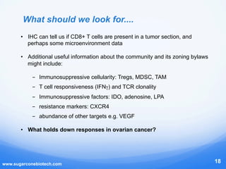 www.sugarconebiotech.com
18
What should we look for....
•  IHC can tell us if CD8+ T cells are present in a tumor section,...