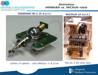 Motivation
                            MINIMAN vs. MiCRoN robot

      MINIMAN III-2 (5 d.o.f.)            MiCRoN (4 d.o.f.)




centre of sphere - end eﬀector = 6.2 cm   ﬁts on a 20 cent coin
 