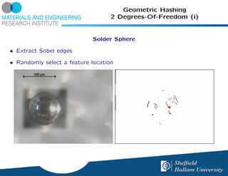 Geometric Hashing
                                   2 Degrees-Of-Freedom (i)


                            Solder Sphere

• Extract Sobel edges

• Randomly select a feature location
 