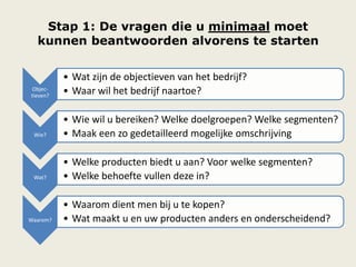 Stap 1: De vragen die u minimaal moet
kunnen beantwoorden alvorens te starten
Objec-
tieven?
• Wat zijn de objectieven van het bedrijf?
• Waar wil het bedrijf naartoe?
Wie?
• Wie wil u bereiken? Welke doelgroepen? Welke segmenten?
• Maak een zo gedetailleerd mogelijke omschrijving
Wat?
• Welke producten biedt u aan? Voor welke segmenten?
• Welke behoefte vullen deze in?
Waarom?
• Waarom dient men bij u te kopen?
• Wat maakt u en uw producten anders en onderscheidend?
 