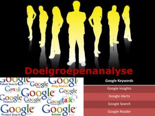 Doelgroepenanalyse
Google Keywords
Google Insights
Google Alerts
Google Search
Google Reader
 