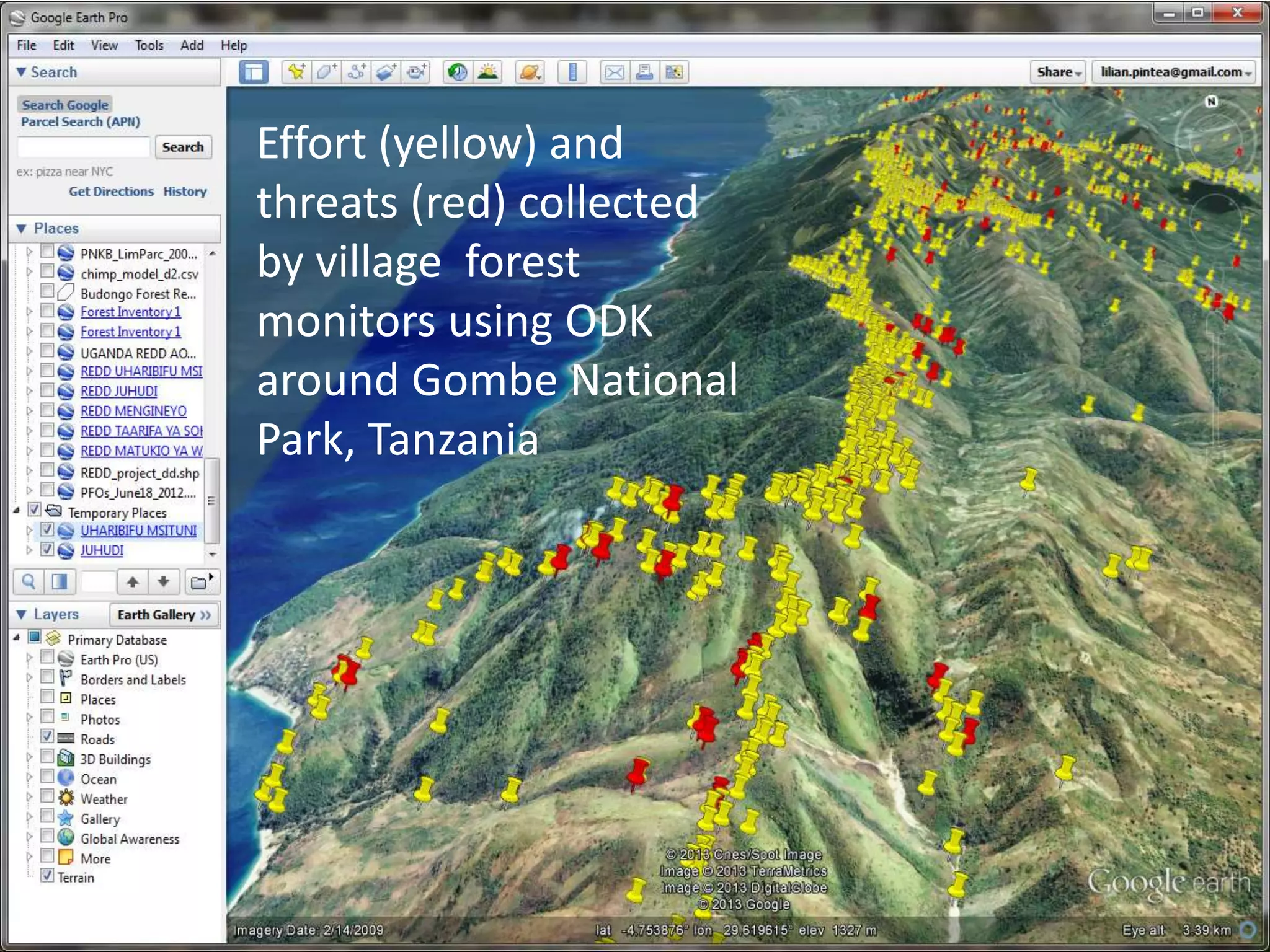 Effort (yellow) and 
threats (red) collected 
by village forest 
monitors using ODK 
around Gombe National 
Park, Tanzania 
 