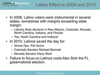 Latino Effect in 2008 and 2010

• In 2008, Latino voters were instrumental in several
  states, sometimes with margins exceeding state
  margin:
   – Latinos likely decisive in New Mexico, Colorado, Nevada,
     North Carolina, Indiana, and Florida:
   – Yes, North Carolina and Indiana!
• In 2010, Latinos saved the day for:
   – Illinois Gov. Pat Quinn
   – Colorado Senator Michael Bennett
   – Nevada Senator Harry Reid
• Failure to focus on Latinos costs Alex Sink the FL
  gubernatorial election.

                     www.latinodecisions.com
 
