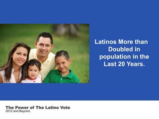 Latinos More than
                                    Doubled in
                                population in the
                                  Last 20 Years.




The Power of The Latino Vote
2012 and Beyond.
 