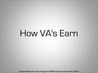 How VA's Earn


(c) jomarhilario.com, let’s bring pinoy OFWs home and make them richer!   33
 