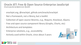 Copyright © 2014, Oracle and/or its affiliates. All rights reserved.
Oracle JET: Free & Open Source Enterprise JavaScript
Oracle JavaScript Extension Toolkit
•
oraclejet.org, @oraclejet, github.com/oracle/oraclejet
•
Not a framework, not a library, but a toolkit
•
Collection of open source libraries, e.g., Require, Knockout, JQuery
•
Free and open source component library (Graphs, Charts, etc)
•
Architecture and templates
•
Enterprise solutions, e.g., accessibility
•
Actively used within Oracle, since about 3 years
 