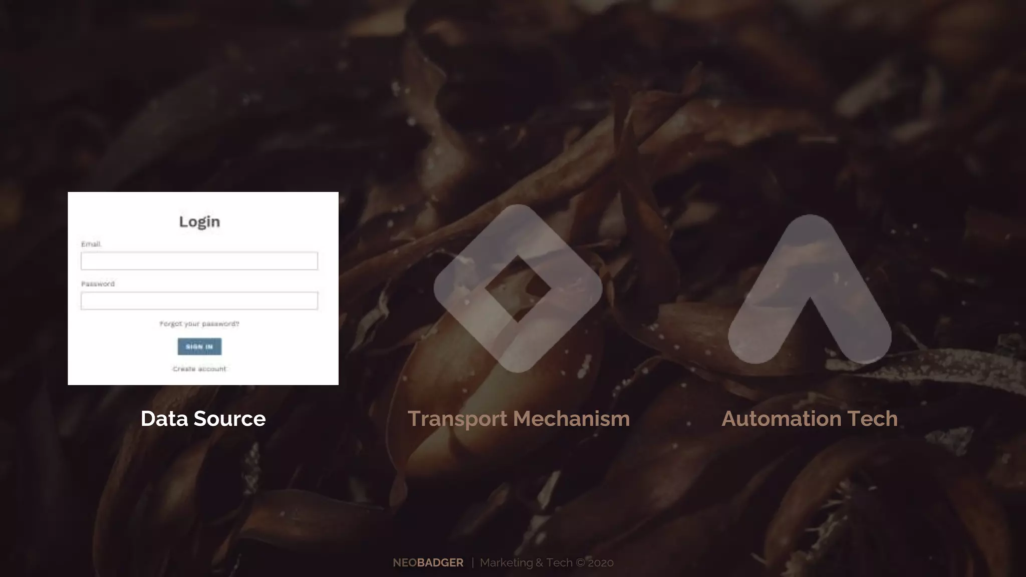 NEOBADGER | Marketing & Tech © 2020
Data Source Automation TechTransport Mechanism
 