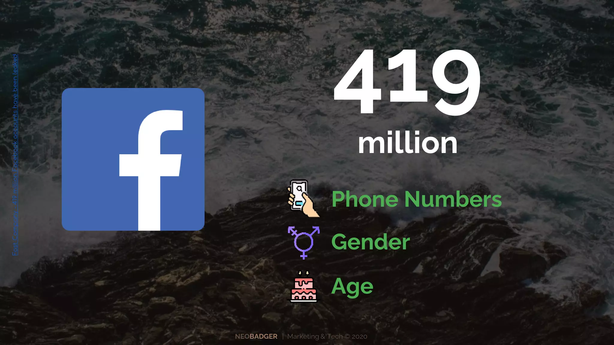 NEOBADGER | Marketing & Tech © 2020
419
million
Phone Numbers
Gender
Age
FastCompany-419millionFacebookaccountshavebeenleaked
 