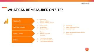Digital You Can Trust |
➔ E-commerce purchases
➔ Newsletter subscriptions
➔ Contact form submissions
DWELL-TIME
➔ Bounces
➔ Idle and active time
➔ Read time
INTERACTIONS
➔ Clicks on CTA
➔ Scroll Depth
➔ Outbound Links
VISIBILITY
➔ Page Views
➔ Content Visibility
➔ Element Visibility: Pop ups
➔ Downloads
➔ Social media interactions
➔ Javascript errors
1
GOALS
➔ Pages per sessions, Session Duration
➔ Phone Calls
WHAT CAN BE MEASURED ON SITE?
 