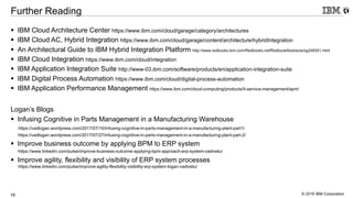 © 2016 IBM Corporation18
Further Reading
§ IBM Cloud Architecture Center https://www.ibm.com/cloud/garage/category/architectures
§ IBM Cloud AC, Hybrid Integration https://www.ibm.com/cloud/garage/content/architecture/hybridIntegration
§ An Architectural Guide to IBM Hybrid Integration Platform http://www.redbooks.ibm.com/Redbooks.nsf/RedbookAbstracts/sg248351.html
§ IBM Cloud Integration https://www.ibm.com/cloud/integration
§ IBM Application Integration Suite http://www-03.ibm.com/software/products/en/application-integration-suite
§ IBM Digital Process Automation https://www.ibm.com/cloud/digital-process-automation
§ IBM Application Performance Management https://www.ibm.com/cloud-computing/products/it-service-management/apm/
Logan’s Blogs
§ Infusing Cognitive in Parts Management in a Manufacturing Warehouse
https://vadlogan.wordpress.com/2017/07/10/infusing-cognitive-in-parts-management-in-a-manufacturing-plant-part1/
https://vadlogan.wordpress.com/2017/07/27/infusing-cognitive-in-parts-management-in-a-manufacturing-plant-part-2/
§ Improve business outcome by applying BPM to ERP system
https://www.linkedin.com/pulse/improve-business-outcome-applying-bpm-approach-erp-system-vadivelu/
§ Improve agility, flexibility and visibility of ERP system processes
https://www.linkedin.com/pulse/improve-agility-flexibility-visibility-erp-system-logan-vadivelu/
 