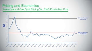 Pricing and Economics
5-Year Natural Gas Spot Pricing Vs. RNG Production Cost
$
RNG High Production
Cost Estimate
RNG Low Production
Cost Estimate
0
2
4
6
8
10
12
14
 