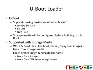 U-Boot Loader
• U-Boot
– Supports saving environment variables into
• NAND / SPI Flash
• SD Card
• NOR Flash
– Storage media will be configured before building of U-
Boot
• Supported with Storage Media
– Write & Read files ( like boot, kernel, filesystem images )
back from storage media
– Loads kernel image & execute the same
• Loads from Storage
• Loads from TFTP server using Ethernet
 
