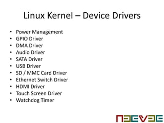 Linux Kernel – Device Drivers
• Power Management
• GPIO Driver
• DMA Driver
• Audio Driver
• SATA Driver
• USB Driver
• SD / MMC Card Driver
• Ethernet Switch Driver
• HDMI Driver
• Touch Screen Driver
• Watchdog Timer
 