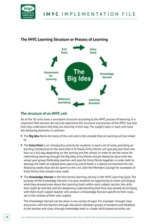 From Fieldwork Education, a part of the Nord Anglia Education family. © WCL Group Limited. All rights reserved. Not to be reproduced without permission.
I M Y C I M P L E M E N T A T I O N F I L EI M Y C I M P L E M E N T A T I O N F I L E
18
The IMYC Learning Structure or Process of Learning
Exit
Point
Entry
Point
Knowledge
Harvest
The
Big Idea
Assessment
for
Learning
Reﬂective
Journaling
Learning
Activities
The structure of an IMYC unit
All of the 30 units have a consistent structure according to the IMYC process of learning. It is
important that learners do not just experience the structure and process of the IMYC, but also
that they understand why they are learning in this way. The subject tasks in each unit have
the following elements in common:
■■ The Big Idea forms the basis of the unit and is the concept that all learning will be linked
to
■■ The Entry Point is an introductory activity for students in each unit of work, providing an
exciting introduction to the work that is to follow. Entry Points can typically last from one
hour to a full day, depending on the activity and the school. In order to set the scene for
interlinking learning through the Big Idea, Entry Points should ideally be done with the
whole year group. Preferably, teachers will plan for Entry Points together, in order both to
develop the habit of collaborative planning and to foster a creative environment for the
following weeks that will be spent on the unit. (See the Members’ Lounge for examples of
Entry Points that schools have used)
■■ The Knowledge Harvest is the first formal learning activity in the IMYC Learning Cycle. The
purpose of the Knowledge Harvest is to give students an opportunity to share and display
what they already know about the Learning Goals within each subject section, the skills
that might be learned, and the deepening understanding that they may already be bringing
with them. Each subject teacher will conduct a Knowledge Harvest specific to their class,
set in the context of their own subject.
The Knowledge Harvest can be done in any variety of ways. For example: through class
discussion with the teacher, through discussion between groups of students and feedback
to the teacher and class, through knowledge tests or simple skills-based activities, etc.
 