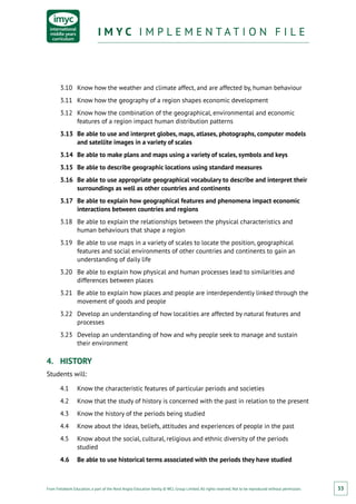 From Fieldwork Education, a part of the Nord Anglia Education family. © WCL Group Limited. All rights reserved. Not to be reproduced without permission.
I M Y C I M P L E M E N T A T I O N F I L EI M Y C I M P L E M E N T A T I O N F I L E
33
3.10	 Know how the weather and climate affect, and are affected by, human behaviour
3.11	 Know how the geography of a region shapes economic development
3.12	 Know how the combination of the geographical, environmental and economic
features of a region impact human distribution patterns
3.13	 Be able to use and interpret globes, maps, atlases, photographs, computer models
and satellite images in a variety of scales
3.14	 Be able to make plans and maps using a variety of scales, symbols and keys
3.15	 Be able to describe geographic locations using standard measures
3.16	 Be able to use appropriate geographical vocabulary to describe and interpret their
surroundings as well as other countries and continents
3.17	 Be able to explain how geographical features and phenomena impact economic
interactions between countries and regions
3.18	 Be able to explain the relationships between the physical characteristics and
human behaviours that shape a region
3.19	 Be able to use maps in a variety of scales to locate the position, geographical
features and social environments of other countries and continents to gain an
understanding of daily life
3.20	 Be able to explain how physical and human processes lead to similarities and
differences between places
3.21	 Be able to explain how places and people are interdependently linked through the
movement of goods and people
3.22	 Develop an understanding of how localities are affected by natural features and
processes
3.23	 Develop an understanding of how and why people seek to manage and sustain
their environment
4.	 HISTORY
Students will:
4.1	 Know the characteristic features of particular periods and societies
4.2	 Know that the study of history is concerned with the past in relation to the present
4.3	 Know the history of the periods being studied
4.4	 Know about the ideas, beliefs, attitudes and experiences of people in the past
4.5	 Know about the social, cultural, religious and ethnic diversity of the periods
studied
4.6	 Be able to use historical terms associated with the periods they have studied
 