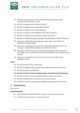 From Fieldwork Education, a part of the Nord Anglia Education family. © WCL Group Limited. All rights reserved. Not to be reproduced without permission.
I M Y C I M P L E M E N T A T I O N F I L EI M Y C I M P L E M E N T A T I O N F I L E
39
7.29	 Be able to explain and describe the main features, ideas, themes, events,
information and characters in a text
7.30	 Be able to recognise and use figures of speech
7.31	 Be able to recognise and use descriptive language
7.32	 Be able to recognise and use literal language
7.33	 Be able to recognise and use different forms, styles and genres
7.34	 Be able to recognise and use different linguistic conventions
7.35	 Develop an understanding that language is used differently in different situations
7.36	 Develop an understanding that language and the way it is used affects the
relationships between people
7.37	 Develop an understanding that there are cultural differences between the way
language is used by different people and in different situations
7.38	 Develop an understanding that the meaning of language can be influenced by
the situation, form, unexpressed intentions, physical posture, facial expression and
gestures
7.39	 Develop an understanding that forms of communication benefit from the
application of rules
Drama
7.40	 Know that everyone has a creative side
7.41	 Be able to improvise a play, using the roles, situation and elements of a story
7.42	 Be able to perform a scripted play
7.43	 Be able to make use of voice, language, posture, movement and facial expression
7.44	 Be able to make use of scenery, stage properties, costume and make-up
7.45	 Be able to evaluate their own performance and that of others
7.46	 Be able to respond to a performance identifying the key elements and Devices
8.	 MATHEMATICS
Students will:
Using Mathematics
8.1	 Know examples of how mathematics is used in everyday life and by whom
8.2	 Be able to apply mathematics in real life situations
 