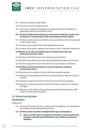 From Fieldwork Education, a part of the Nord Anglia Education family. © WCL Group Limited. All rights reserved. Not to be reproduced without permission.
I M Y C I M P L E M E N T A T I O N F I L EI M Y C I M P L E M E N T A T I O N F I L E
42
10.3	 Know the principles of water safety
10.4	 Know how to avoid and reduce injuries
10.5	 Know how to respond to challenges and disappointments with confidence and
appropriate emotions during athletic events
10.6	 Be able to steadily improve performance with control, coordination, precision and
consistency in a range of physical skills and techniques whenever possible
10.7	 Be able to select a physical activity they enjoy and decide how they will participate
in their chosen activity
10.8	 Be able to make healthy choices with regard to food and diet
10.9	 Be able to participate in regulation team games as well as individual competitions
10.10	Be able to use safe and acceptable tactics to steadily improve their own
performance and that of a team
10.11	Be able to identify the features of a good physical performance
10.12	Be able to evaluate their own performance objectively and make a plan of action
10.13	Be able to apply the rules and conventions of a range of sports and activities
10.14	Be able to use physical movement as a means of expression, enjoyment,
communication and art
10.15	Be able to swim a distance of at least 100 metres whenever possible
10.16	Develop an understanding of how physical activity affects the body, the mind and
emotions
10.17	Develop an understanding of the importance of diet and personal hygiene
10.18	Develop an understanding of the importance of safety procedures and lifesaving
techniques
10.19	Develop an understanding of how attitudes towards health and behaviour differ
based on cultural values and beliefs
11.	Science Learning Goals
Scientific Enquiry
Students will:
11.1	 Know that the study of science is concerned with investigating and understanding
the animate and inanimate world around them
11.2	 Be able to conduct scientific investigations with rigour by being able to:
a)	 Select a scientific issue to investigate and formulate a research question that
recognises a potential relationship between two variables, and generate a
hypothesis
 
