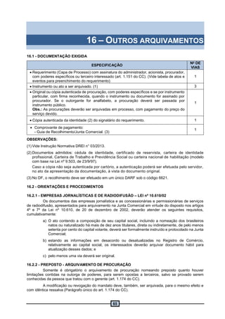 65
16 – OUTROS ARQUIVAMENTOS
16.1 - DOCUMENTAÇÃO EXIGIDA
ESPECIFICAÇÃO
No
DE
VIAS
 Requerimento (Capa de Processo) com assinatura do administrador, acionista, procurador,
com poderes específicos ou terceiro interessado (art. 1.151 do CC). (Vide tabela de atos e
eventos para preenchimento do requerimento)
1
 Instrumento ou ato a ser arquivado. (1) 3
 Original ou cópia autenticada de procuração, com poderes específicos e se por instrumento
particular, com firma reconhecida, quando o instrumento ou documento for assinado por
procurador. Se o outorgante for analfabeto, a procuração deverá ser passada por
instrumento público.
Obs.: As procurações deverão ser arquivadas em processo, com pagamento do preço do
serviço devido.
1
 Cópia autenticada da identidade (2) do signatário do requerimento. 1
 Comprovante de pagamento:
- Guia de Recolhimento/Junta Comercial. (3)
1
OBSERVAÇÕES:
(1) Vide Instrução Normativa DREI n° 03/2013.
(2) Documentos admitidos: cédula de identidade, certificado de reservista, carteira de identidade
profissional, Carteira de Trabalho e Previdência Social ou carteira nacional de habilitação (modelo
com base na Lei nº 9.503, de 23/9/97).
Caso a cópia não seja autenticada por cartório, a autenticação poderá ser efetuada pelo servidor,
no ato da apresentação da documentação, à vista do documento original.
(3) No DF, o recolhimento deve ser efetuado em um único DARF sob o código 6621.
16.2 - ORIENTAÇÕES E PROCEDIMENTOS
16.2.1 - EMPRESAS JORNALÍSTICAS E DE RADIODIFUSÃO – LEI nº 10.610/02
Os documentos das empresas jornalística e as concessionárias e permissionárias de serviços
de radiodifusão, apresentados para arquivamento na Junta Comercial em virtude do disposto nos artigos
4º e 7º da Lei nº 10.610, de 20 de dezembro de 2002, deverão atender os seguintes requisitos,
cumulativamente:
a) O ato contendo a composição de seu capital social, incluindo a nomeação dos brasileiros
natos ou naturalizado há mais de dez anos titulares, direta ou indiretamente, de pelo menos
setenta por cento do capital votante, deverá ser formalmente instruído e protocolado na Junta
Comercial;
b) estando as informações em desacordo ou desatualizadas no Registro de Comércio,
relativamente ao capital social, os interessados deverão arquivar documento hábil para
atualização desses dados; e
c) pelo menos uma via deverá ser original.
16.2.2 - PREPOSTO - ARQUIVAMENTO DE PROCURAÇÃO
Somente é obrigatório o arquivamento de procuração nomeando preposto quanto houver
limitações contidas na outorga de poderes, para serem opostas a terceiros, salvo se provado serem
conhecidas da pessoa que tratou com o gerente (art. 1.174 do CC).
A modificação ou revogação do mandato deve, também, ser arquivada, para o mesmo efeito e
com idêntica ressalva (Parágrafo único do art. 1.174 do CC).
 
