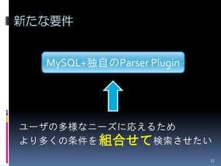 新たな要件


  MySQL+独自のParser Plugin




ユーザの多様なニーズに応えるため
より多くの条件を 組合せて検索させたい
                           17
 