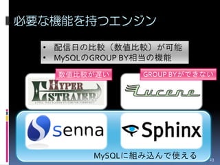必要な機能を持つエンジン

  • 配信日の比較（数値比較）が可能
  • MySQLのGROUP BY相当の機能
    数値比較が遅い      GROUP BYができない




         MySQLに組み込んで使える      23
 