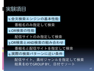 実験項目
1.全文検索エンジンの基本性能
  番組名のみ指定して検索
2.OR検索の性能
  配信サイトのみ指定して検索
3.OR検索とAND検索の組み合わせ
   番組名と配信サイトを指定して検索
4.実際の検索パターンに近い条件
  配信サイト、素材ジャンルを指定して検索
  結果をIDでGROUP BY、日付でソート
                          28
 