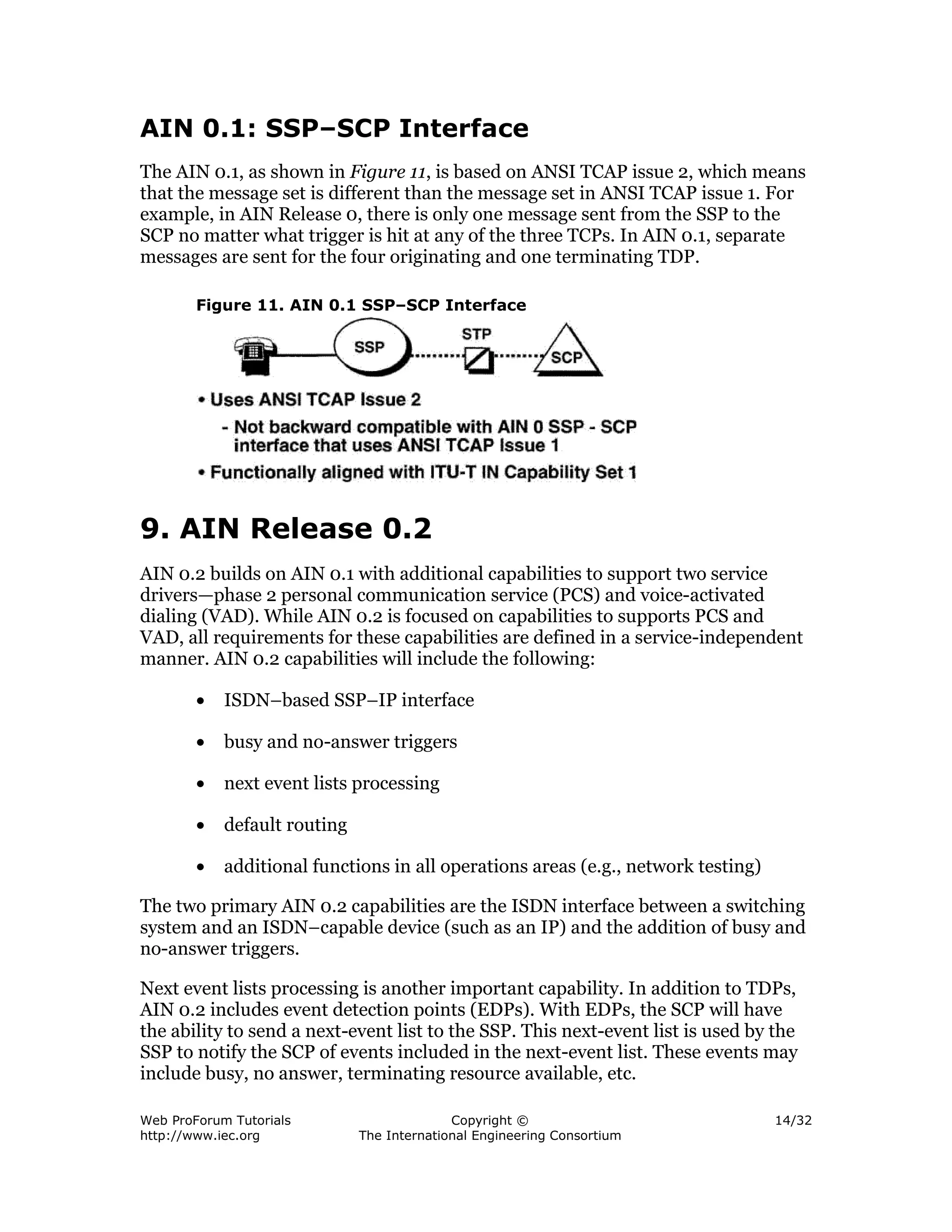 AIN 0.1: SSP–SCP Interface
The AIN 0.1, as shown in Figure 11, is based on ANSI TCAP issue 2, which means
that the message set is different than the message set in ANSI TCAP issue 1. For
example, in AIN Release 0, there is only one message sent from the SSP to the
SCP no matter what trigger is hit at any of the three TCPs. In AIN 0.1, separate
messages are sent for the four originating and one terminating TDP.

        Figure 11. AIN 0.1 SSP–SCP Interface




9. AIN Release 0.2
AIN 0.2 builds on AIN 0.1 with additional capabilities to support two service
drivers—phase 2 personal communication service (PCS) and voice-activated
dialing (VAD). While AIN 0.2 is focused on capabilities to supports PCS and
VAD, all requirements for these capabilities are defined in a service-independent
manner. AIN 0.2 capabilities will include the following:

        •   ISDN–based SSP–IP interface

        •   busy and no-answer triggers

        •   next event lists processing

        •   default routing

        •   additional functions in all operations areas (e.g., network testing)

The two primary AIN 0.2 capabilities are the ISDN interface between a switching
system and an ISDN–capable device (such as an IP) and the addition of busy and
no-answer triggers.

Next event lists processing is another important capability. In addition to TDPs,
AIN 0.2 includes event detection points (EDPs). With EDPs, the SCP will have
the ability to send a next-event list to the SSP. This next-event list is used by the
SSP to notify the SCP of events included in the next-event list. These events may
include busy, no answer, terminating resource available, etc.

Web ProForum Tutorials                      Copyright ©                            14/32
http://www.iec.org            The International Engineering Consortium
 