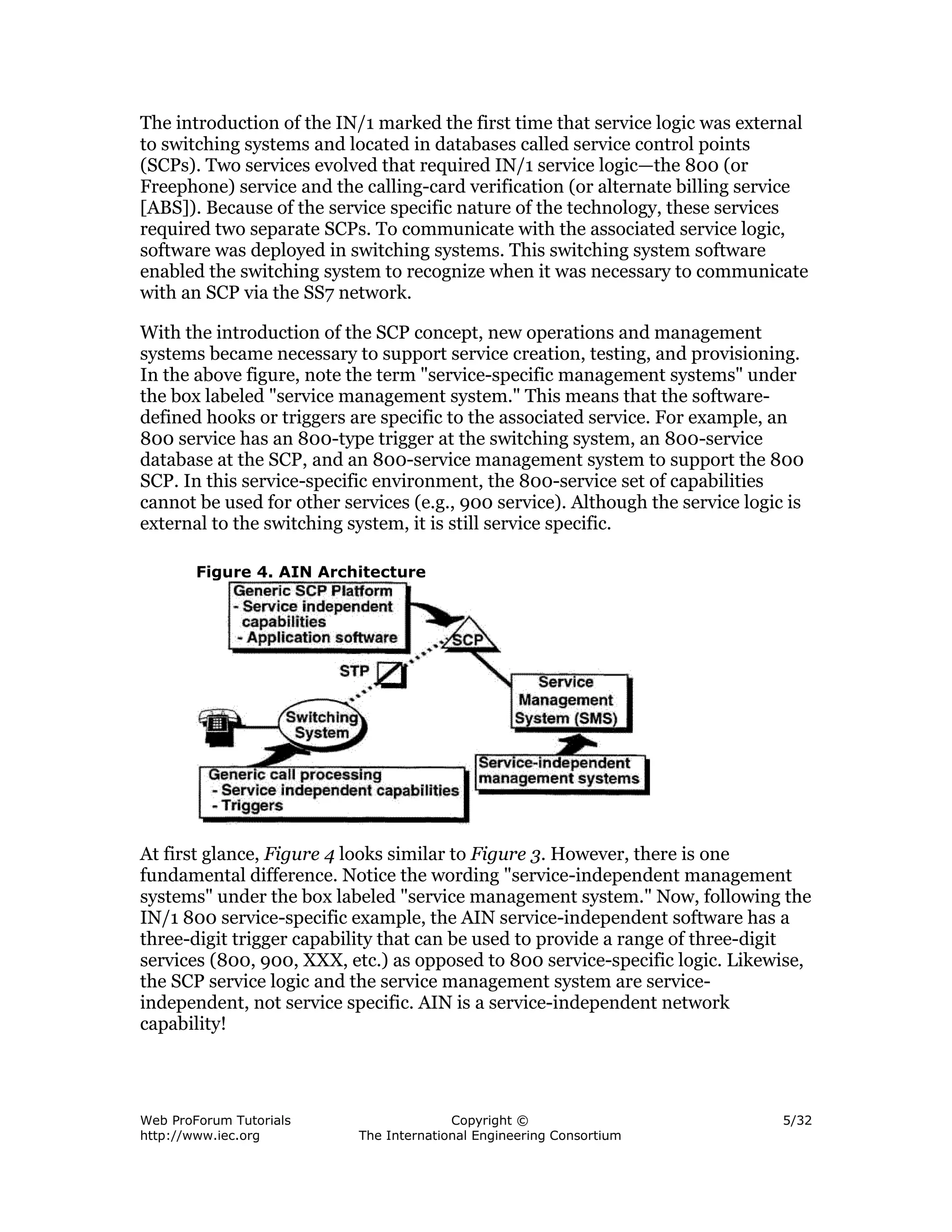 The introduction of the IN/1 marked the first time that service logic was external
to switching systems and located in databases called service control points
(SCPs). Two services evolved that required IN/1 service logic—the 800 (or
Freephone) service and the calling-card verification (or alternate billing service
[ABS]). Because of the service specific nature of the technology, these services
required two separate SCPs. To communicate with the associated service logic,
software was deployed in switching systems. This switching system software
enabled the switching system to recognize when it was necessary to communicate
with an SCP via the SS7 network.

With the introduction of the SCP concept, new operations and management
systems became necessary to support service creation, testing, and provisioning.
In the above figure, note the term "service-specific management systems" under
the box labeled "service management system." This means that the software-
defined hooks or triggers are specific to the associated service. For example, an
800 service has an 800-type trigger at the switching system, an 800-service
database at the SCP, and an 800-service management system to support the 800
SCP. In this service-specific environment, the 800-service set of capabilities
cannot be used for other services (e.g., 900 service). Although the service logic is
external to the switching system, it is still service specific.

        Figure 4. AIN Architecture




At first glance, Figure 4 looks similar to Figure 3. However, there is one
fundamental difference. Notice the wording "service-independent management
systems" under the box labeled "service management system." Now, following the
IN/1 800 service-specific example, the AIN service-independent software has a
three-digit trigger capability that can be used to provide a range of three-digit
services (800, 900, XXX, etc.) as opposed to 800 service-specific logic. Likewise,
the SCP service logic and the service management system are service-
independent, not service specific. AIN is a service-independent network
capability!




Web ProForum Tutorials                   Copyright ©                             5/32
http://www.iec.org         The International Engineering Consortium
 
