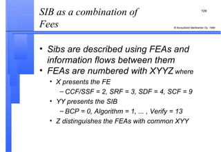 SIB as a combination of Fees  Sibs are described using FEAs and information flows between them FEAs are numbered with XYYZ   where X presents the FE  CCF/SSF = 2, SRF = 3, SDF = 4, SCF = 9 YY presents the SIB BCP = 0, Algorithm = 1, ... , Verify = 13 Z distinguishes the FEAs with common XYY 