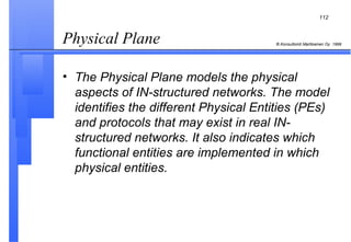 Physical Plane  The Physical Plane models the physical aspects of IN-structured networks. The model identifies the different Physical Entities (PEs) and protocols that may exist in real IN-structured networks. It also indicates which functional entities are implemented in which physical entities. 