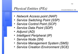 Physical Entities (PEs)  Network Access point (NAP) Service Switching Point (SSP) Service Control Point (SCP) Service Data Point (SDP) Adjunct (AD)  Intelligent Peripheral (IP) Service Node (SN) Service Management System (SMS) Service Creation Environment (SCE) 