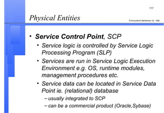 Physical Entities  Service Control Point , SCP Service logic is controlled by Service Logic Processing Program (SLP) Services are run in Service Logic Execution Environment e.g. OS, runtime modules, management procedures etc. Service data can be located in Service Data Point ie. (relational) database usually integrated to SCP can be a commercial product (Oracle,Sybase) 