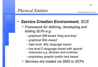 Physical Entities  Service Creation Environment , SCE Framework for defining, developing and testing SLPs e.g. graphical SIB-based ‘drag and drop’ graphical SDL-based high level, 4GL language based low level C-language based with special resources e.g. libraries and runtimes proprietary graphic and/or text based Services are loaded via SMS to SCPs 