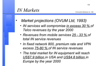 IN Markets  Market projections (OVUM Ltd, 1993)   IN services will compromise  in excess 30 %  of Telco revenues by the year 2000 Revenues from mobile services  25 - 33 %  of total IN service revenues In fixed network 800, premium rate and VPN excess  75-80 %  of IN service revenues The total market for IN equipment will reach  US$7,9 billion  in USA and  US$4.8 billion  in Europe by the year 2000 