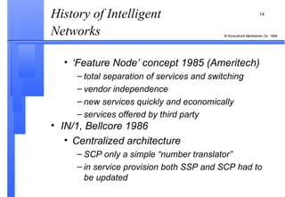History of Intelligent Networks   ‘ Feature Node’ concept 1985 (Ameritech)   total separation of services and switching vendor independence  new services quickly and economically services offered by third party IN/1, Bellcore 1986 Centralized architecture SCP only a simple “number translator” in service provision both SSP and SCP had to be updated 