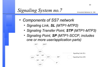 Components of SS7 network Signaling Link,  SL  (MTP1-MTP2) Signaling Transfer Point,  STP  (MTP1-MTP3) Signaling Point,  SP  (MTP1-SCCP, includes one or more user/application parts) Signaling System no.7  