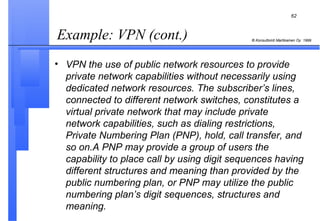 Example: VPN (cont.)   VPN the use of public network resources to provide private network capabilities without necessarily using dedicated network resources. The subscriber’s lines, connected to different network switches, constitutes a virtual private network that may include private network capabilities, such as dialing restrictions, Private Numbering Plan (PNP), hold, call transfer, and so on.A PNP may provide a group of users the capability to place call by using digit sequences having different structures and meaning than provided by the public numbering plan, or PNP may utilize the public numbering plan’s digit sequences, structures and meaning. 