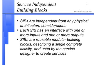Service Independent Building Blocks  SIBs are independent from any physical architecture considerations Each SIB has an interface with one or more inputs and one or more outputs SIBs are reusable modular building blocks, describing a single complete activity, and used by the service designer to create services 