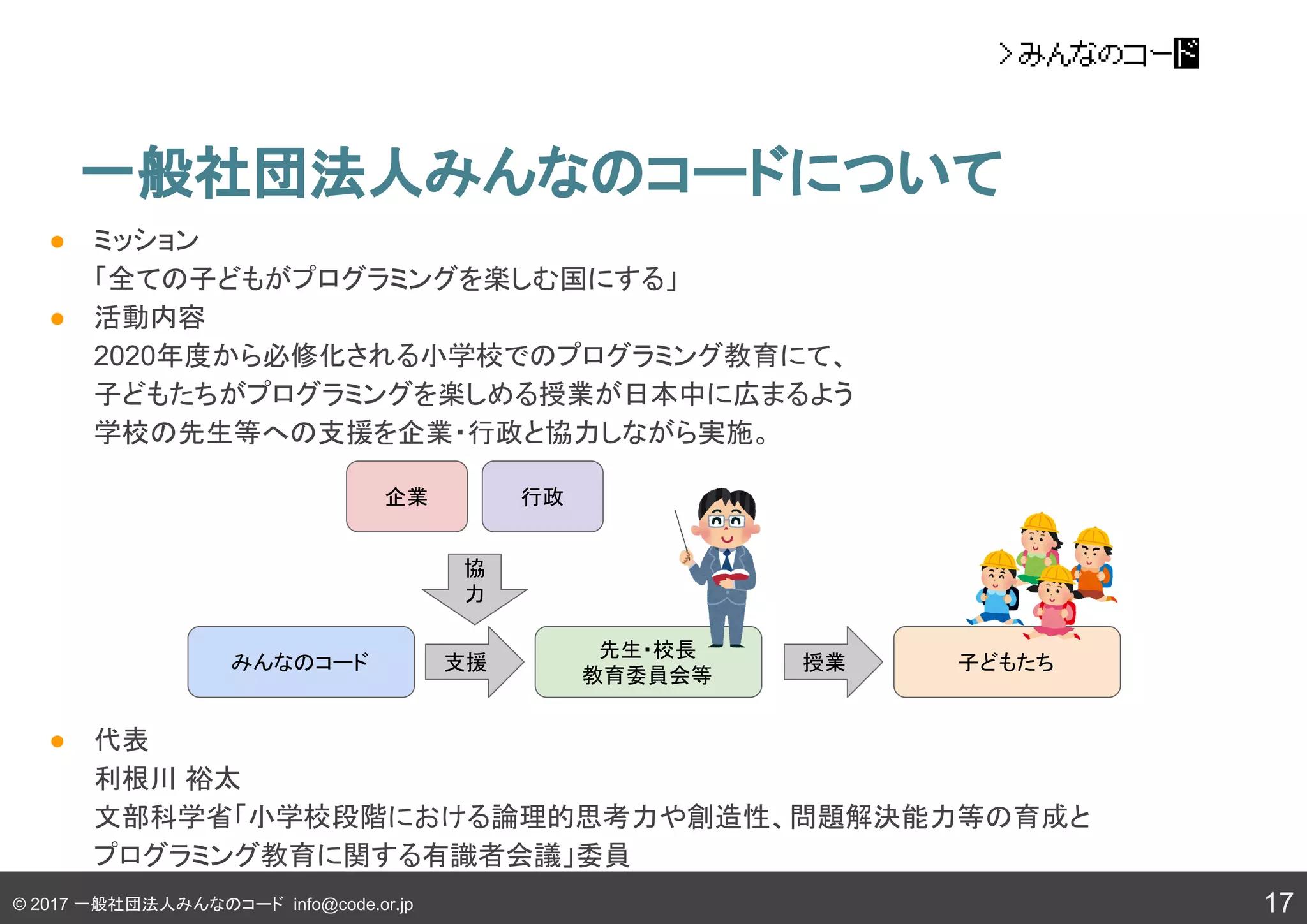 © 2017 一般社団法人みんなのコード info@code.or.jp
一般社団法人みんなのコードについて
17
● ミッション
「全ての子どもがプログラミングを楽しむ国にする」
● 活動内容
2020年度から必修化される小学校でのプログラミング教育にて、
子どもたちがプログラミングを楽しめる授業が日本中に広まるよう
学校の先生等への支援を企業・行政と協力しながら実施。
● 代表
利根川 裕太
文部科学省「小学校段階における論理的思考力や創造性、問題解決能力等の育成と
プログラミング教育に関する有識者会議」委員
みんなのコード
先生・校長
教育委員会等
子どもたち
企業 行政
支援 授業
協
力
 
