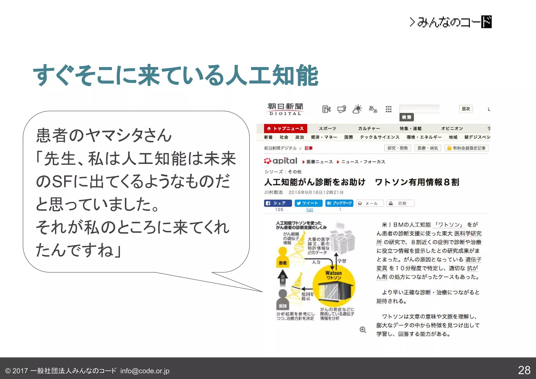 © 2017 一般社団法人みんなのコード info@code.or.jp
すぐそこに来ている人工知能
28
患者のヤマシタさん
「先生、私は人工知能は未来
のSFに出てくるようなものだ
と思っていました。
それが私のところに来てくれ
たんですね」
 