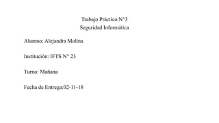 Trabajo Práctico N°3
Seguridad Informática
Alumno: Alejandra Molina
Institución: IFTS N° 23
Turno: Mañana
Fecha de Entrega:02-11-18
 